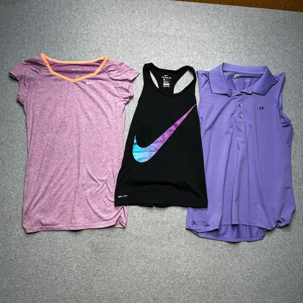 Nike Antigua Athletic Tops Bundle Womens Large Purple Black Dri-FIT Golf Gym 3pc